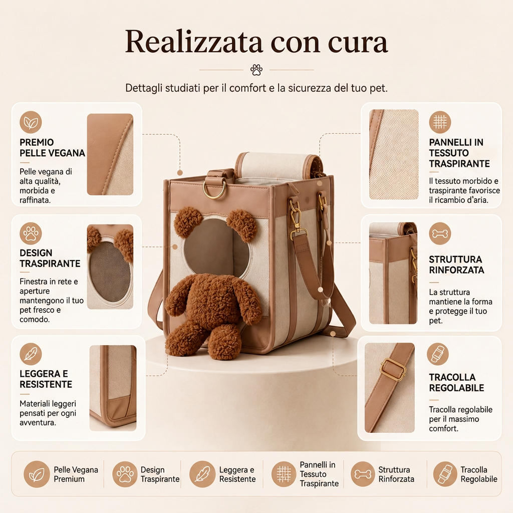Materiali e dettagli PawPocket descritti in italiano
