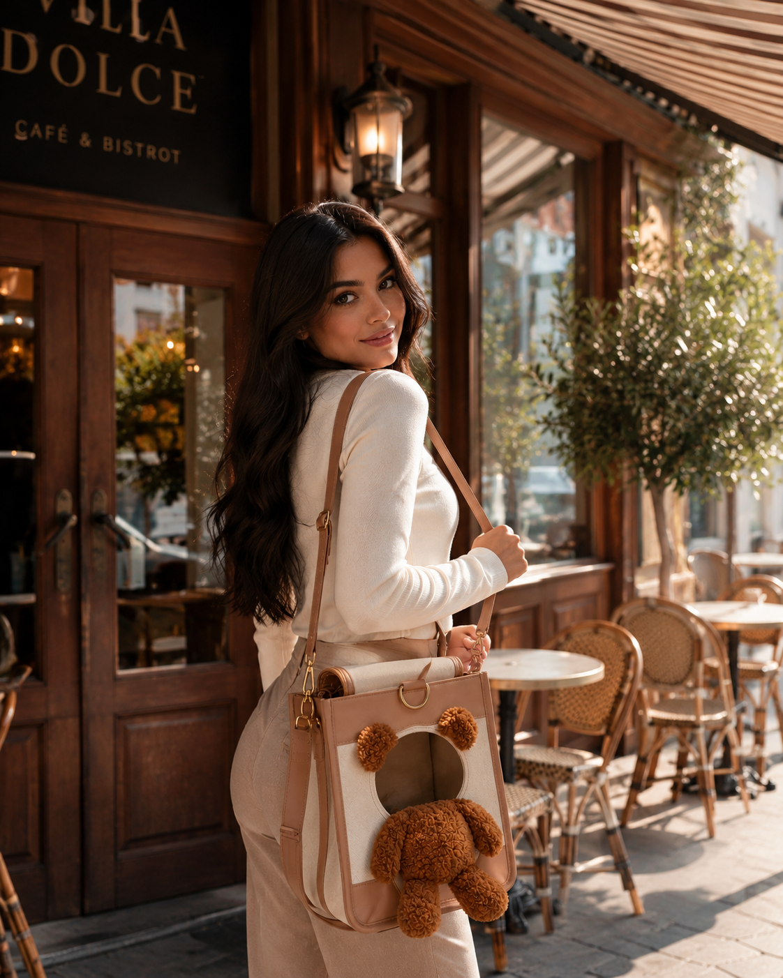 PawPocket portata a spalla davanti a un caffè